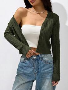 SHEIN PETITE Women's Solid Color Minimalist Casual Long Sleeve Cardigan Cute Sweater Short Knit Top Autumn/Winter Clothing Army Green Dress Travel Going Out - Army Green - View 9