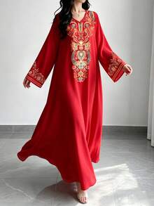 SHEIN Najma 女款阿拉伯花卉植物領印花紅色時尚V領長袖洋裝，優雅阿拉伯風服飾，春夏長洋裝 - 彩色 - 查看 6