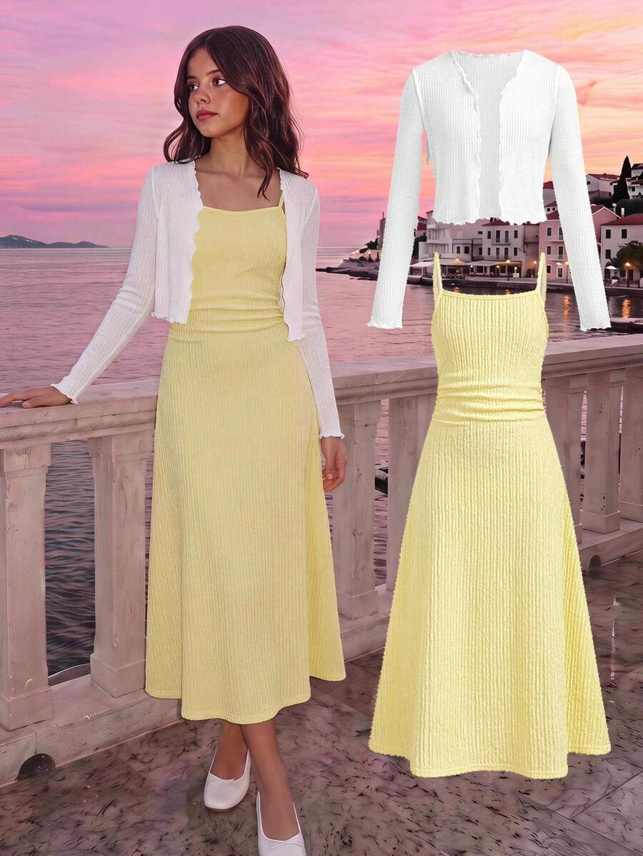 SHEIN Tween Girl Tween Girl Autumn Casual Cute Vacation Minimalist Comfortable Layered Ruffle Hem Puff Dress Woven Texture Fashion Mini Skirt White Butter - Yellow - View 1