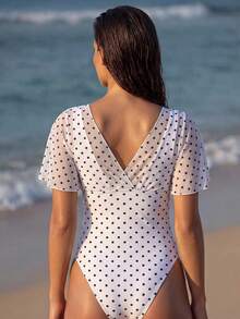 Swim Chiccia 2026 Hot-Selling 1pc Women's One-Piece Swimsuit Beachwear, Beach & Pool Party, Spring/Summer, Sexy Vacation Mature Fashion Vintage Romantic Elegant, Double Shoulder Straps, Deep V-Neck, Criss-Cross Front & Back Cutout Design, Ruched Design, Short Sleeve, Tummy Control Waist Cincher & Butt Lift For Large Bust, Black & White Polka Dot Random Print Pattern, Women's Summer Outfit, Women's Vacation Outfit - White - View 2