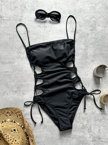 Swim SXY 女款春夏純色細肩帶交叉綁帶連身泳衣 - 黑色 - 查看 5