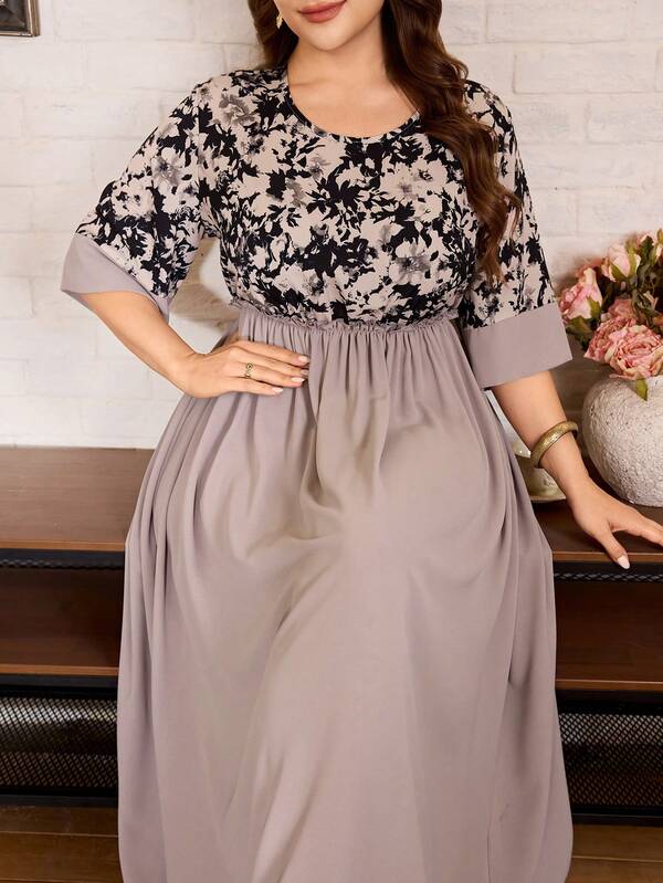 Lacomfia Große Größen Taillen-formendes Kleid mit koreanischem Seiden-Muster-Oberteil und gewebtem Stoff-Unterteil, lässiger eleganter Stil für Frühling/Sommer Alltagskleidung
