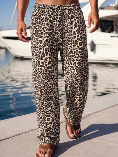 HIMLAND Men's Camel Leopard Print Wide-Leg Pants With Elastic Waistband. Relaxed Loose Fit In Lightweight Flowy Woven Fabric. Bold Animal Print Statement Piec