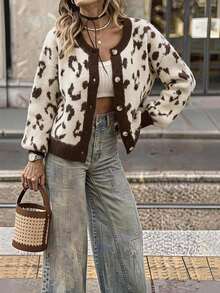 Brillora Cardigan de Tricô Casual Feminino com Estampa de Leopardo, Manga Longa e Abotoamento Simples - Castanho - Visão 2