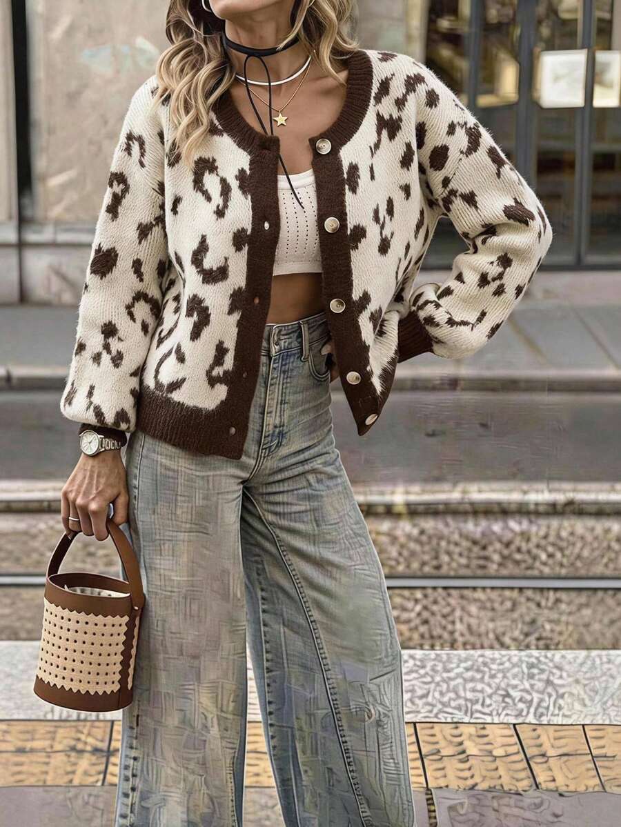 Brillora Cardigan de Tricô Casual Feminino com Estampa de Leopardo, Manga Longa e Abotoamento Simples