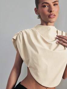 Hauture Women's Draped Shoulder Impact High Neck Crop Top Office Wear - Apricot - View 5