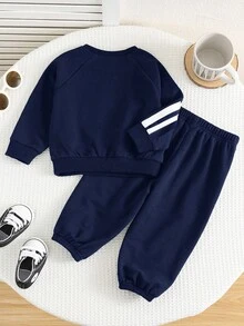 SHEIN 男嬰女嬰秋冬款 2 件套長袖運動衫與慢跑長褲，舒適百搭休閒日常運動簡約百搭風格 - 藏蓝色 - 查看 3