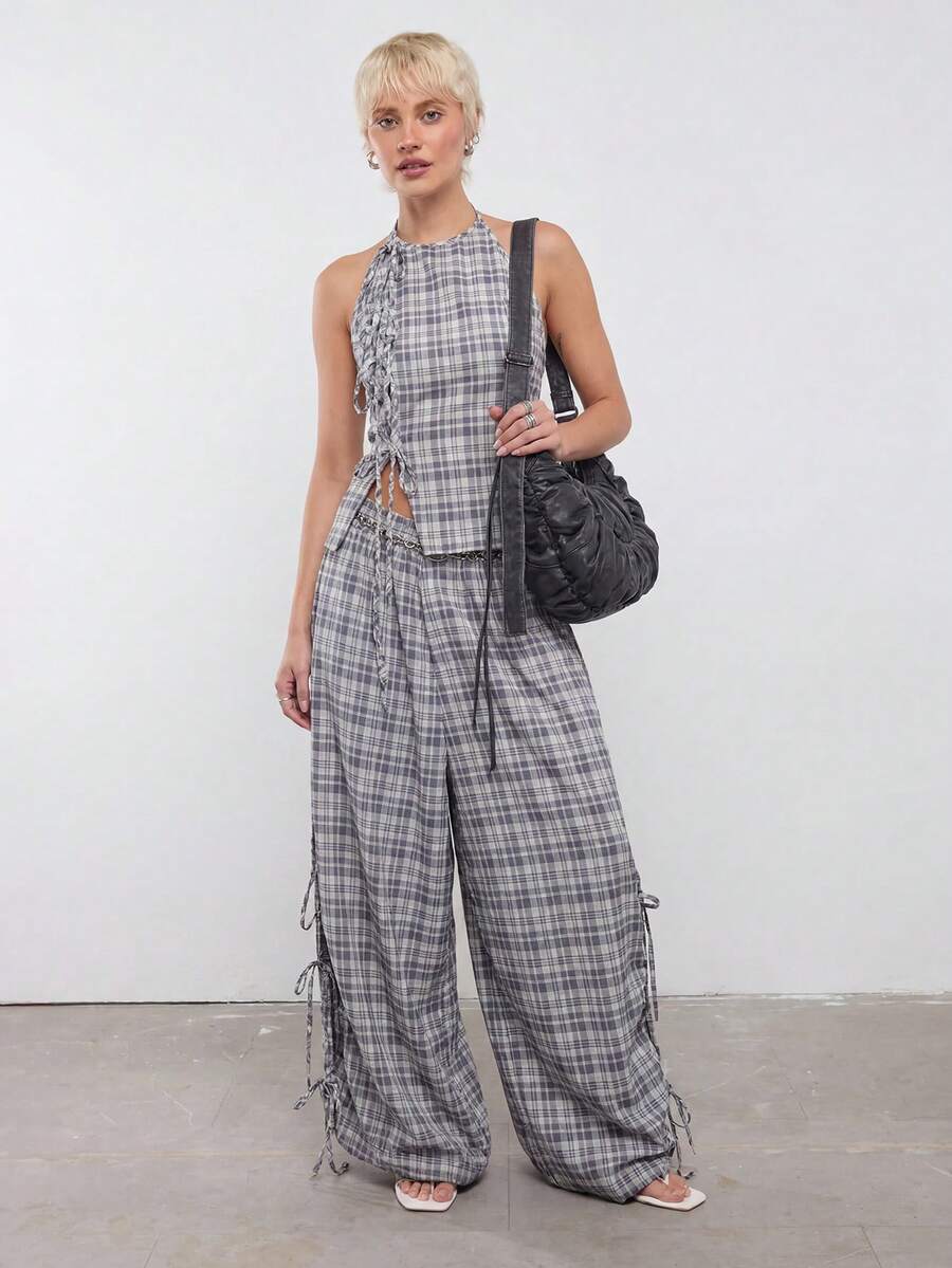 COUREZ Pinstripe Low Rise Tailored Baggy Balloon Trousers With Tie Side Detail / Y2K Fall Cute Check Bottoms Party Rave Rave Outfits Pants For Women Black - Black - View 1