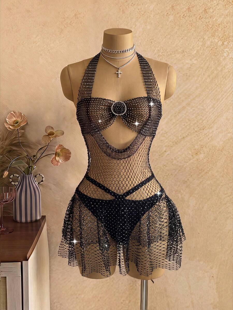 EgrlEra Women's Party Dress, Sparkling Fishnet & Rhinestone Material, Suitable For Bar, Party, Club Outfit - Black - View 1