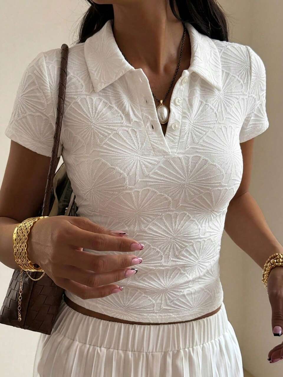 Women Textured Short Sleeve Slim Fit Polo Neck T-Shirt Summer