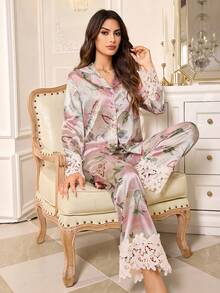 LuxeNights Floral Print Faux Silk Patchwork Water-Soluble Lace Trim Top And Pants Elegant Pajama Set - Multicolor - View 3
