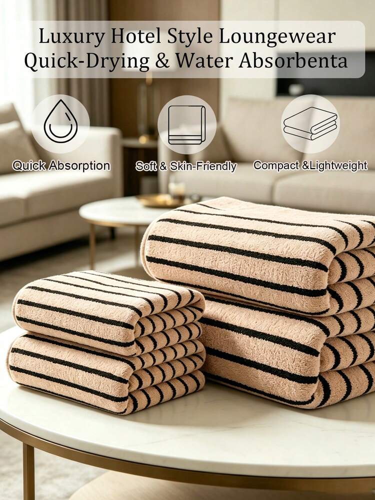 Cirelle 1pc/3pcs Ultra Soft Microfiber Bath Towel, Super Absorbent Quick Dry Striped Bath Towels, Thick Plush Polyester Face Hand Towels For Bathroom, Gym, Hotel, Home Decor - Khaki - View 5