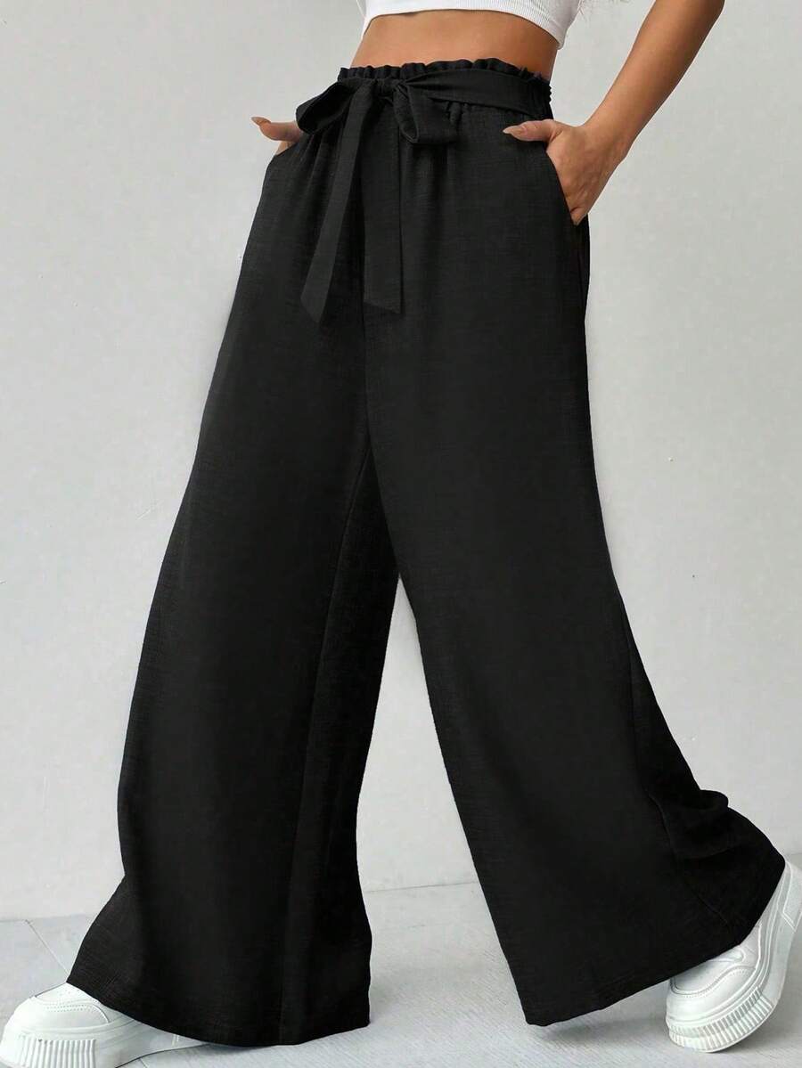 Elenzga Plus Size Solid Black Paperbag Waist Self Tie Bow Ultra Wide Leg Long Pants With Side Pockets Women Summer Casual Textured Trousers - Multicolor - View 1