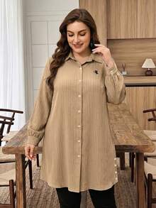 Lacomfia Plus Size Solid Color Long Sleeve Textured Fabric Casual Commute Embroidered Pony Long Shirt - Khaki - View 7