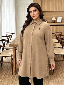 Lacomfia Plus Size Solid Color Long Sleeve Textured Fabric Casual Commute Embroidered Pony Long Shirt - Khaki - View 8