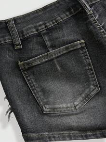ROMWE Grunge Punk Denim Shorts Retro Big Belt Metal Color-Block Sexy Hot Girl Personalized Niche - Black - View 4