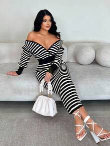 SHEIN SXY 女款深V領條紋拼接休閒派對針織洋裝 - 黑與白 - 查看 4