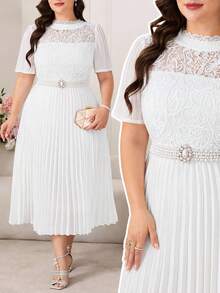 Reflora Plus Size Women's Spring/Summer Elegant Romantic Short Sleeve Mid-Length Dress With Pleated Hem, Lace Fabric, Suitable For Outings And Parties White - Green - View 2
