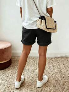 EMERY ROSE Plus Size Women's Solid Color Drawstring Waist Pocket Casual Rolled Hem Shorts - Black - View 2
