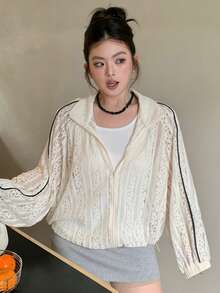 Dazy Plus Plus Size Women Lace Lantern Sleeve Open Front Loose Jacket, See-Through Lantern Sleeve Long Sleeve Casual Top, Spring/Summer/Autumn - Apricot - View 9