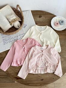 SHEIN 3pcs/Set Baby Girl Casual Ruffle Long Sleeve Cardigan, Suitable For Spring And Autumn Outings - Multicolor - View 6