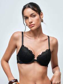 Softvol Peach Girl Black Sexy Lace Front Closure Bra, Women's Thin Cup Comfortable Breathable Pleated Bra - Black - View 7