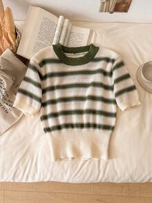 Story & Sage Women's Round Neck Short Sleeve Striped Sweater - Multicolor - View 4