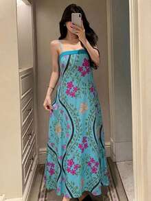 DAZY 夏季海灘度假風花卉印花寬鬆細肩帶長款睡裙 女款 - 藍色 - 查看 3