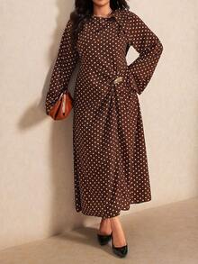 Elaquor Plus Size Women's Polka Dot Casual Daily Summer Dress - Brown - View 1