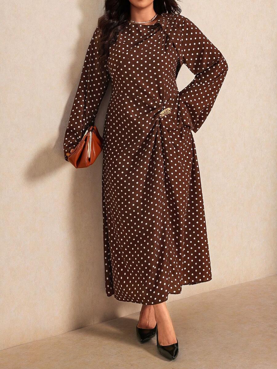 Elaquor Plus Size Women's Polka Dot Casual Daily Summer Dress - Brown - View 1