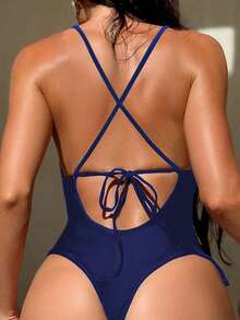 Swim Basics Solid Color Backless Camisole One-Piece Swimsuit For Vacation & Beach - Navy Blue - View 5