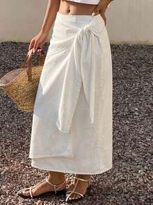 Livesso Fall Loose Casual Fashion Design Cinched Waist Drawstring Business Commute Street Vacation Off-White Women's Skirt Beach - White - View 6