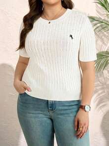 Comfylo Plus Size Women's White Cable Knit Top,Summer Casual Short Sleeve Round Neck Pullover,Knight Pattern Slim Fit Sweater For School & Back-To-School - White - View 1