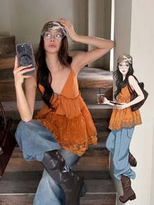 DAZY Women's Comfortable Korean Style Camisole Shirt, Spring/Summer Cute Top School - Orange - View 1