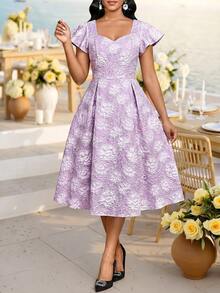 SHEIN Lady Women's Purple Jacquard Short Sleeve V Neck A-Line Swing Fit Flare Elegant Midi Dress Belted Party Cocktail Formal Wedding Guest Church Going Out Fall - Purple - View 3