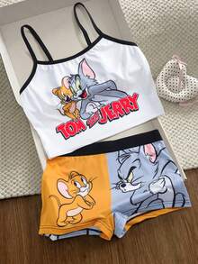 TOM & JERRY X SHEIN Women's Letter Cartoon Print Camisole Bra Set - White - View 3