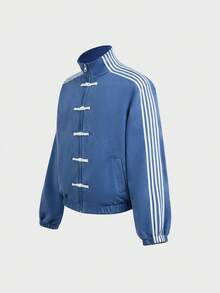 SWAVVY Chaqueta casual de hombre con botones de rana, a rayas y bloques de color, para primavera/otoño - Azul - Ver 3