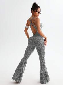 Slayform 1pc Leopard Print Twisted Back Waist Deep V Neck Flare Leg Jumpsuit - Grey - View 8