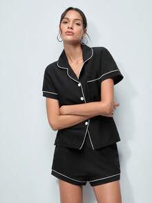 Softvol 2pcs Women Summer Sleepwear Set - Short Sleeve Top & Shorts, Casual Loose Comfy Basic Home & Casual Wear - Black - View 4