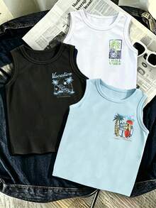 SHEIN 青少年男孩3件套度假風圖案印花背心，春夏休閒舒適時尚，適合外出、戶外運動、野餐、街拍、禮物、日常穿著 - 彩色 - View 2