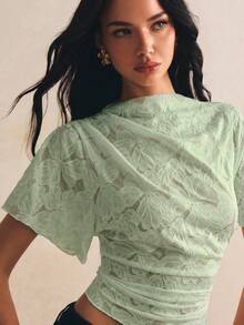 Poéselle Women's Floral Print Ruched Slim Fit Versatile Casual Romantic Elegant T-Shirt Date Night Brunch Sage Green Summer - Green - View 4