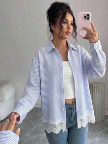Teen Girl Minimalist Casual Elegant Textured Blue & White Striped Contrast Lace Blouse Fall/Winter - Blue and White - View 2