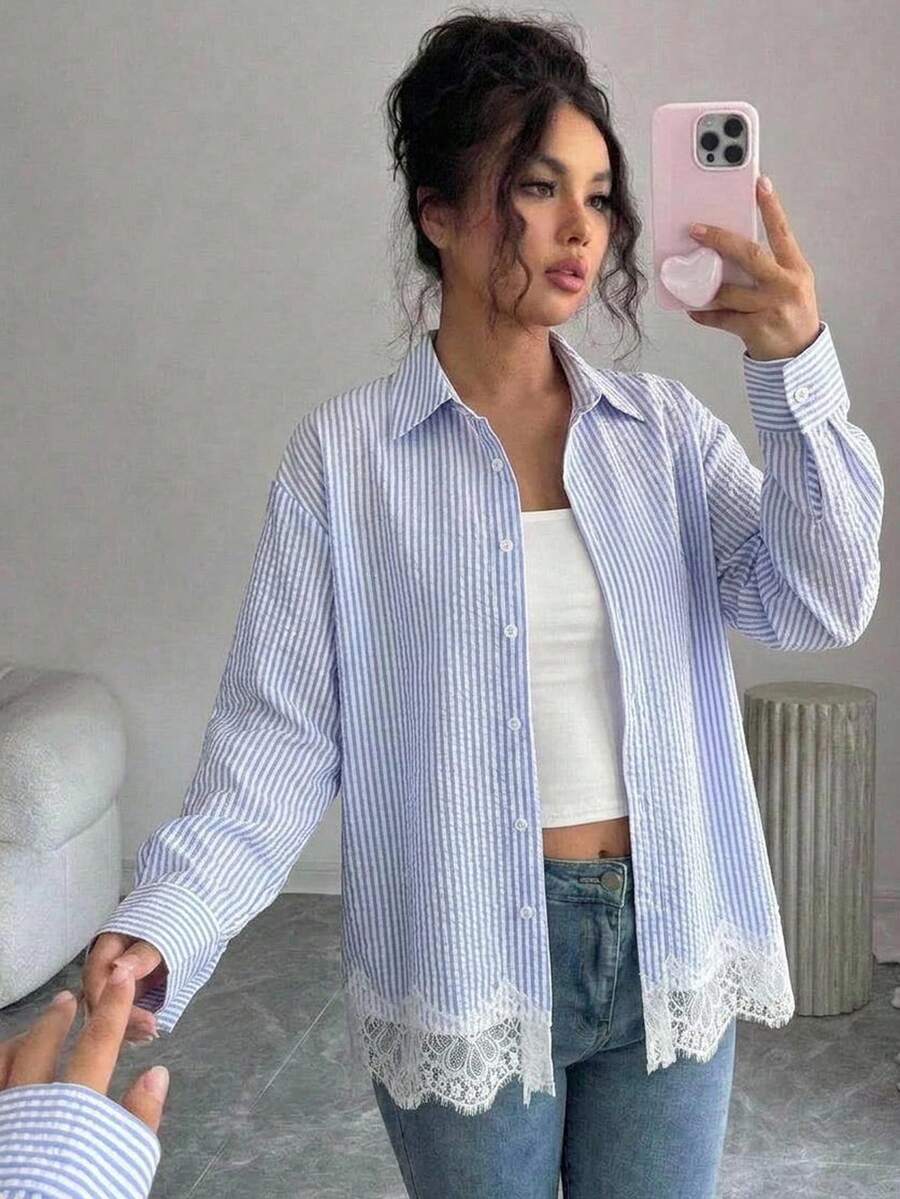 Teen Girl Minimalist Casual Elegant Textured Blue & White Striped Contrast Lace Blouse Fall/Winter
