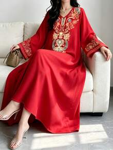 SHEIN Najma 女款阿拉伯花卉植物領印花紅色時尚V領長袖洋裝，優雅阿拉伯風服飾，春夏長洋裝 - 彩色 - 查看 3