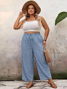 SHEIN CURVE+ Plus Size Women's High Waist Loose Flared Leg Solid Color Ruffle Summer Pants, ,Hoho Vacation - Blue - View 7