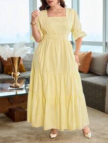 Modelyn Vestido de mujer primavera/verano bordado con textura amarillo pálido cuello cuadrado manga corta talla grande - Amarillo - Ver 6