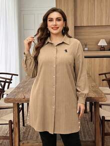 Lacomfia Plus Size Solid Color Long Sleeve Textured Fabric Casual Commute Embroidered Pony Long Shirt - Khaki - View 3