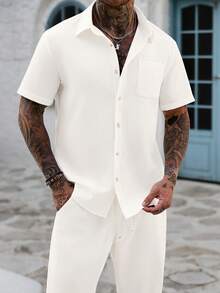 Genlund Nuevo conjunto de dos piezas para hombre primavera verano 2026, color blanco roto con estampado de cuadrícula, transpirable, holgado, con cuello y manga corta - Blanco - Ver 1