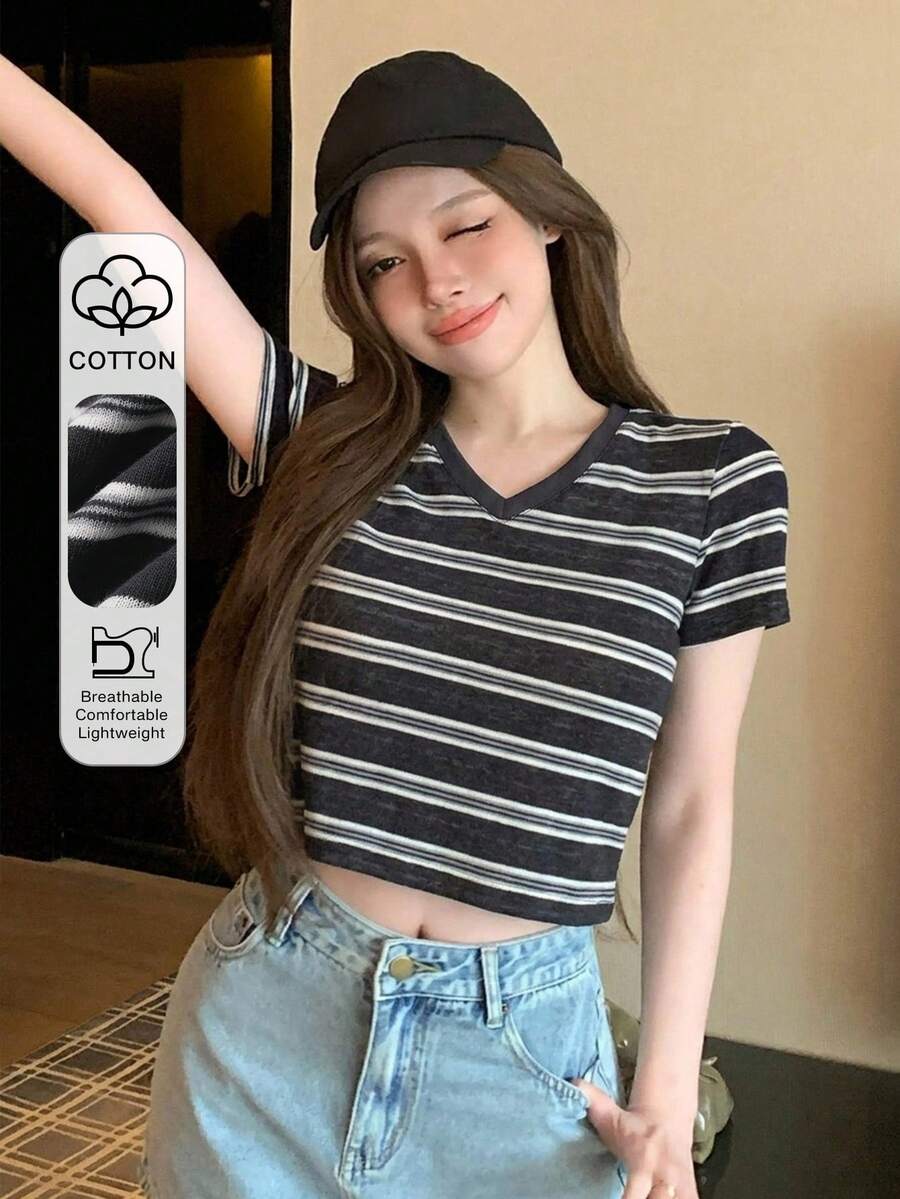 DAZY 夏季修身拼色拼接條紋格紋商務休閒時尚辦公街頭風女款短袖基礎層圖案T恤 - 黑色 - 查看 1