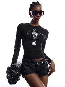LYSMO Camiseta de moda para mujer con patrón de cruz, cuello redondo y manga larga, blusa casual para otoño, ropa atractiva y sexy, top elegante para salir - Negro - Ver 6